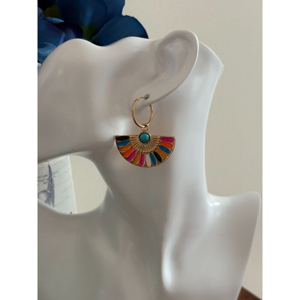 Gold Colorful Fan-shaped Drop Earrings. NWT